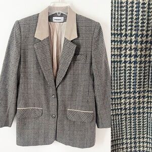 Vintage 90s Plaid Houndstooth Blazer Suede Oversized Preppy Jacket Academia Sz 8